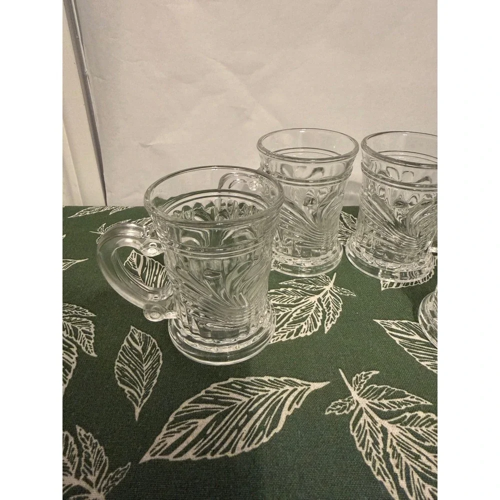Vintage Clear Pressed Glass Shot Mugs Set of 4 Scroll Leaf Pattern Mini Tankards